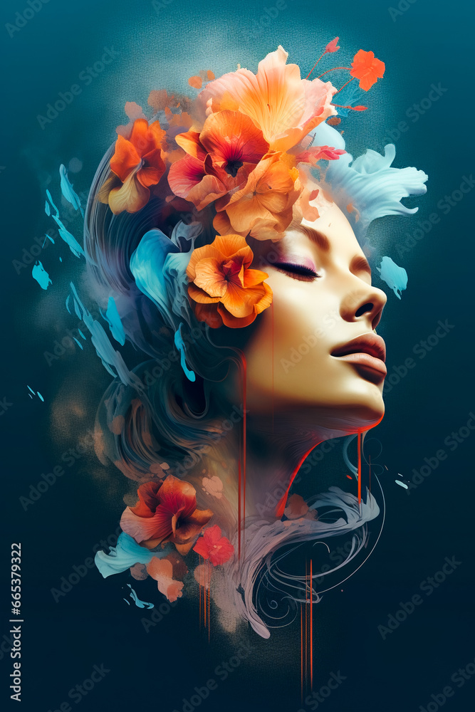 Abstract modern art collage portrait of young woman. Illustration girl. Generative AI