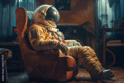 Sci-fi, fantasy, science, fine art concept. Astronaut in spacesuit sitting on armchair or couch in living room