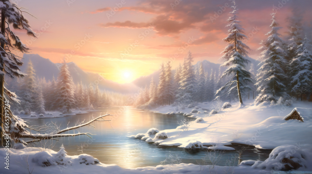 Fototapeta premium A Snowy Symphony, Sunlight Dances on Glistening Snowflakes