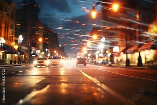American downtown street view at night. Neural network generated image. Not based on any actual scene.