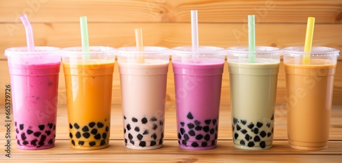 Plastic cups of different tasty bubble tea on wooden background.