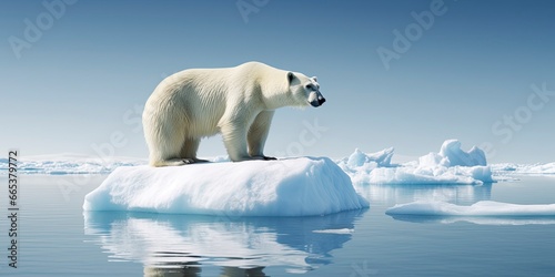 Polar bear on ice floe. Melting iceberg and global warming.