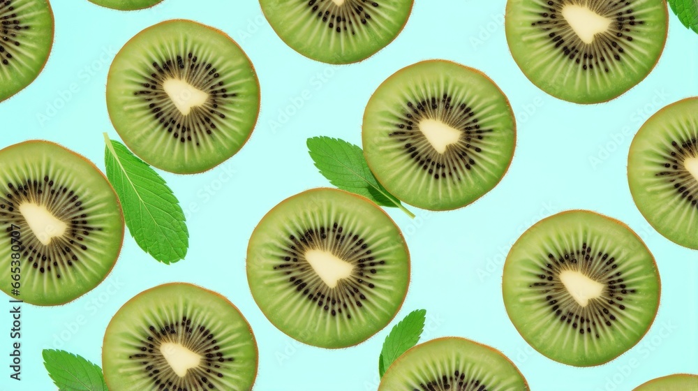 Slices of kiwi fruit and green mint leaves on a light pastel blue background. Slices of kiwi fruit and green mint leaves on a light pastel blue background.