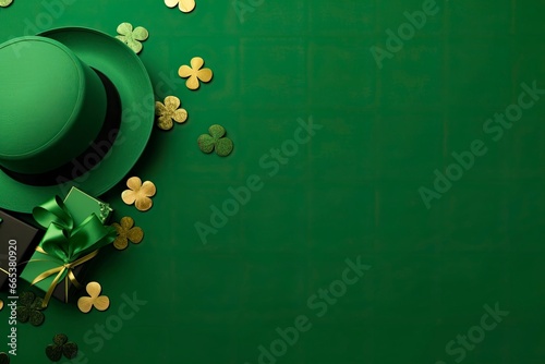 St Patrick's Day concept. leprechaun headwear gift boxes pot with gold coins.