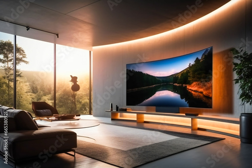 Big Screen TV Takes Center Stage in Modern Living Room. Generative AI photo