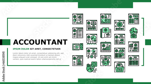 accountant tax office landing web page vector. professional desk, woman business, computer invoice, budget account, finance, work accountant tax office Illustration