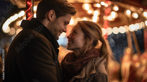 Couple Embracing at Christmas Market. Christmas Market Magic. Young Love Under the Twinkling Lights