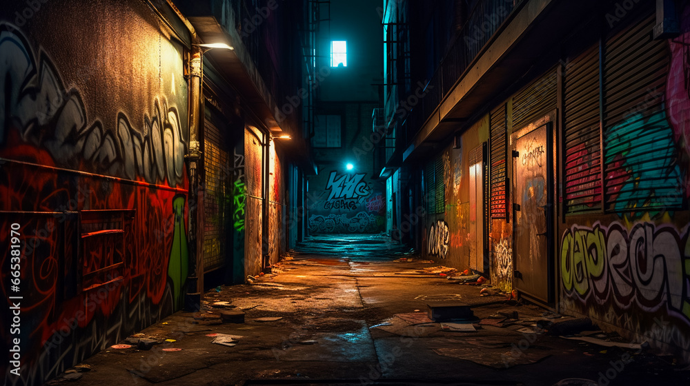 Fototapeta premium Dark Gritty Alleyway. AI Generated