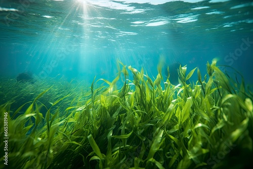 Underwater view of a group of seabed with green seagrass.