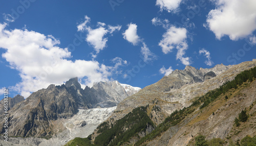 Mont Blanc mountain range on the border between France and Italy seen from the Valle di Aosta region