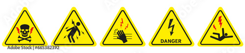 High voltage sign. Triangular yellow electrical hazard signs. Vector illustration.