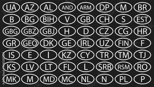 Oval sticker with the code of different countries of the world. White signs on a dark background. Vector illustration for print or design.