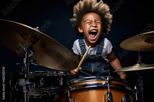 A boy is playing drums in the band