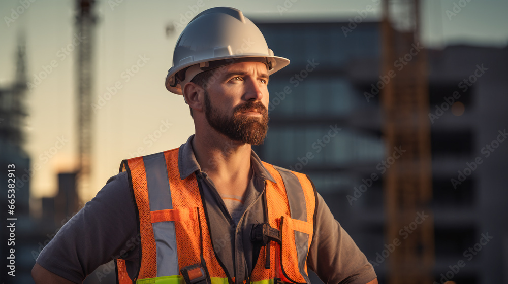 Engineer on a Skyscraper Site. Skyscraper Builder in the Evening Light