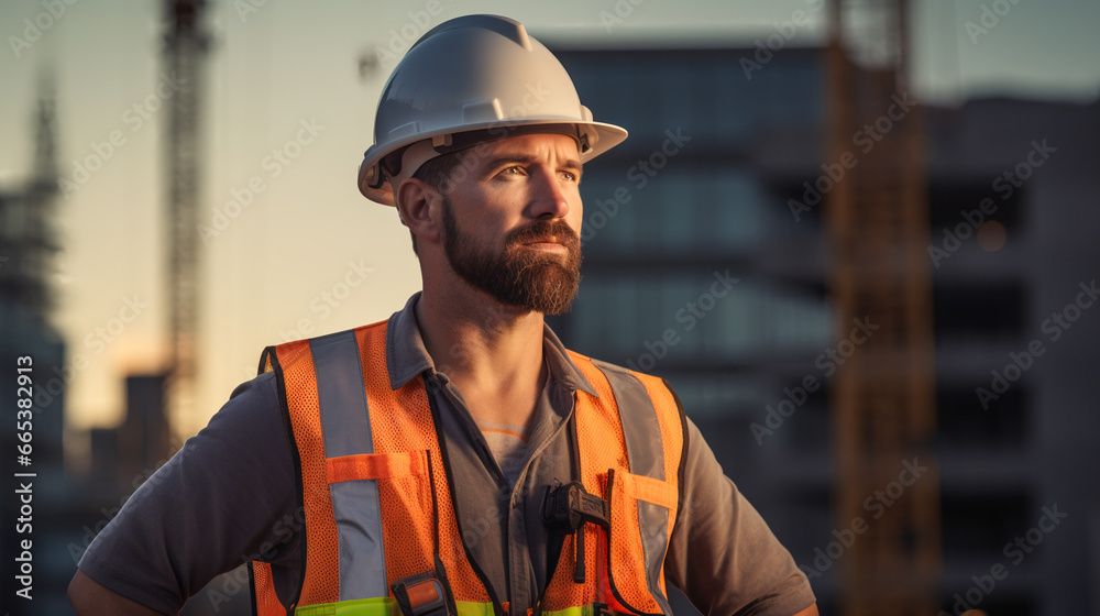 Engineer on a Skyscraper Site. Skyscraper Builder in the Evening Light Engineer on a Skyscraper Site. Skyscraper Builder in the Evening Light