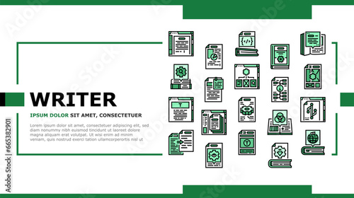 technical writer doc landing web page vector. typewriter manual, old technical, paper hand, document vintage, guide, stroke technical writer doc Illustration