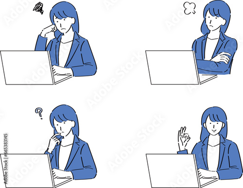 PCを操作する色々な表情のスーツ女性