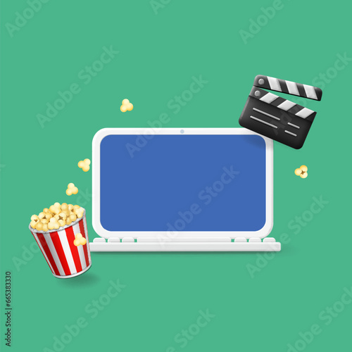 Laptop with online movie on screen, pop corn and film clapper.. Online home theatre. 3d vector. Online cinema concept