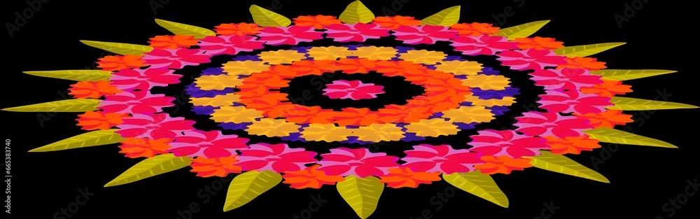 Beautiful Rangoli Made By Colorful Flower and Mango Leaves Vector Illustration.