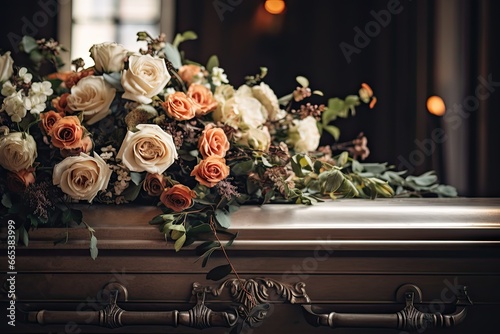 Eternal farewell. Funeral scene with casket and flowers. Mourning in silence. Chapel ceremony. Final journey. Service with roses and candlelight