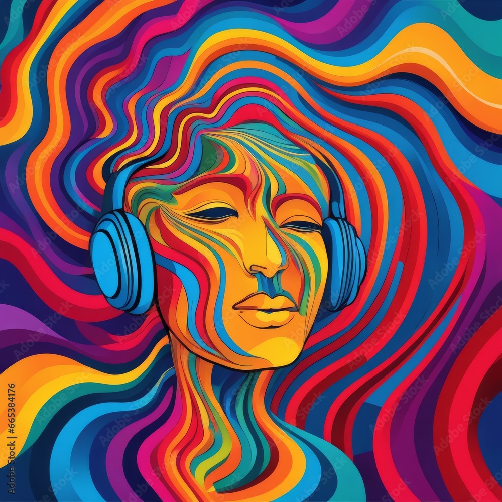 boy with headphone in a colorful vivid background, an illustration of auditory hallucinations, mental health concept art boy with headphone in a colorful vivid background, an illustration of auditory hallucinations, mental health concept art
