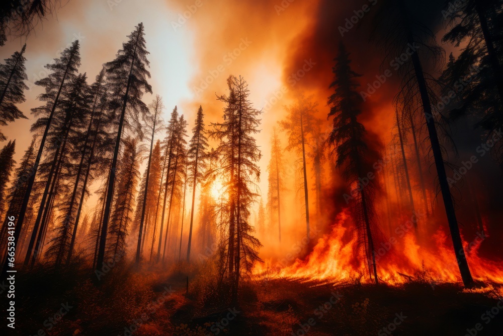 Forest fire burning in the forest with glowing flames and billowing smoke, natural disaster, global warming concept
