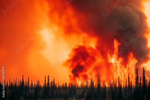 Forest fire burning in the forest with glowing flames and billowing smoke, natural disaster, global warming concept 