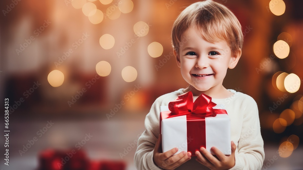 Little cute child holding gift box with red ribbon and giving gifts at holiday event, new year and christmas Little cute child holding gift box with red ribbon and giving gifts at holiday event, new year and christmas