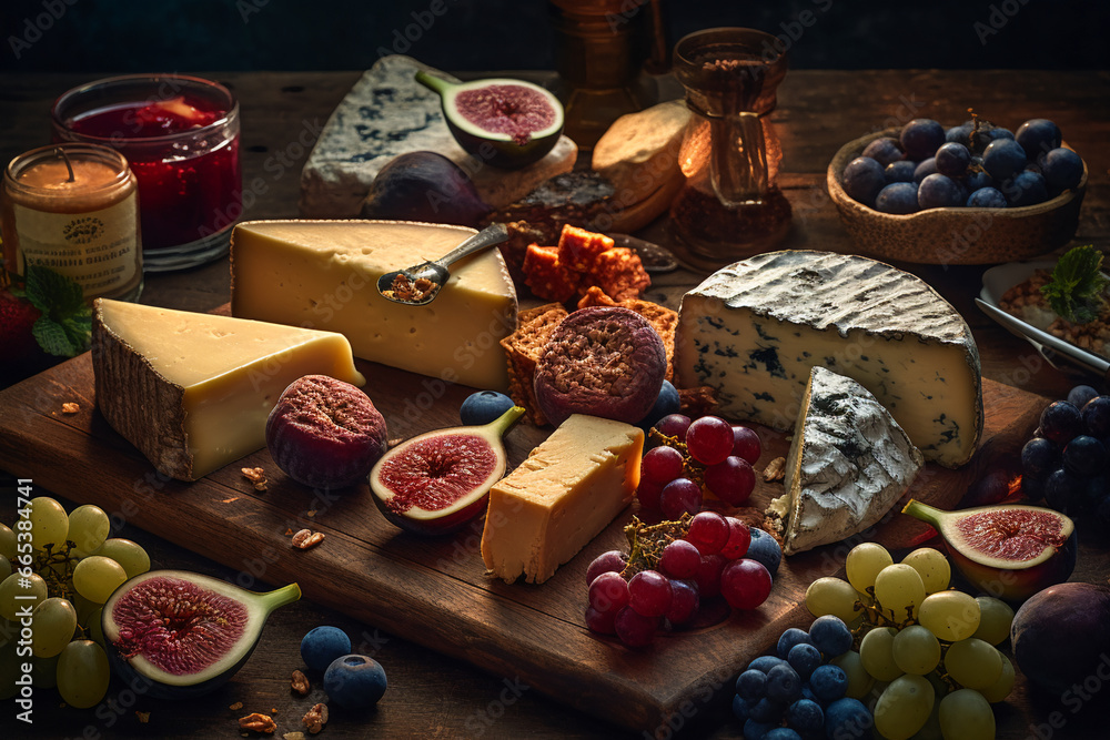 Gourmet cheese board with a variety of cheeses and accompaniments. Various types of cheese on a rustic table. AI Generated Gourmet cheese board with a variety of cheeses and accompaniments. Various types of cheese on a rustic table. AI Generated