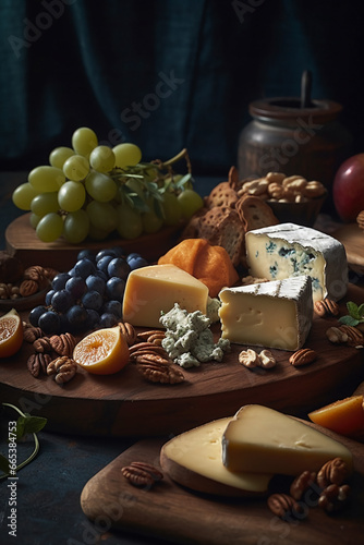 Gourmet cheese board with a variety of cheeses and accompaniments. Various types of cheese on a rustic table. AI Generated