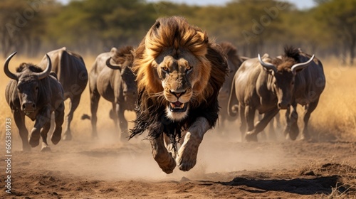 The lion runs after its prey. Wild Africa. Serengeti National Park in Tanzania. photo