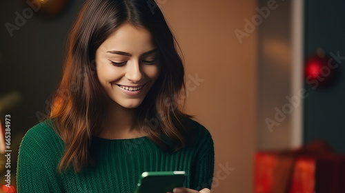 Young woman in green sweater orders New Year s gifts during Christmas holidays at home using smartphone and credit card
