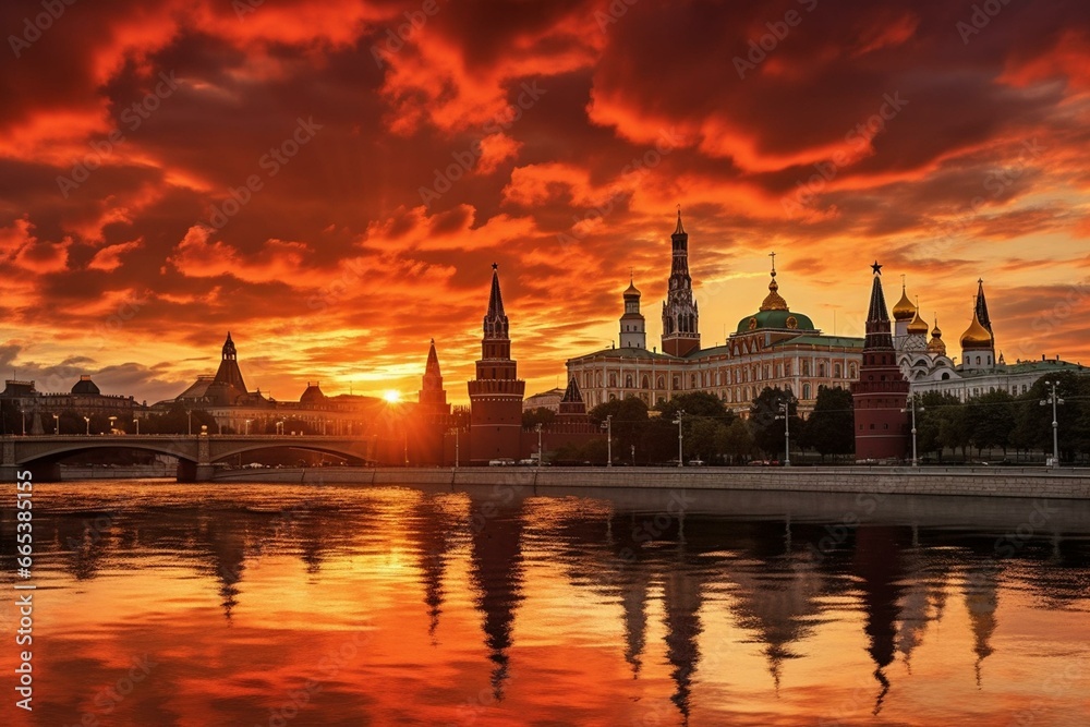Sunrise panorama of Moscow Kremlin skyline. Generative AI