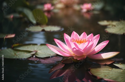 Pink water lily in the pond with green leaves and reflection.