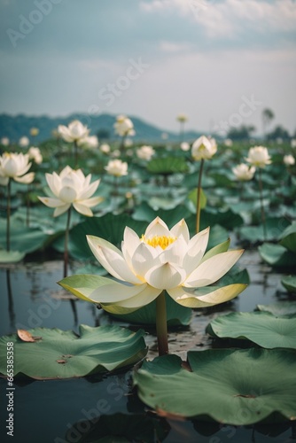 Beautiful white lotus flower blooming in the pond with sunlight.