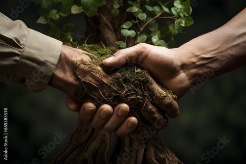 A poignant handshake between man and tree symbolizes humanity's pact with nature. This powerful union echoes our commitment to preserving Earth's beauty and ensuring a sustainable future for all. 
