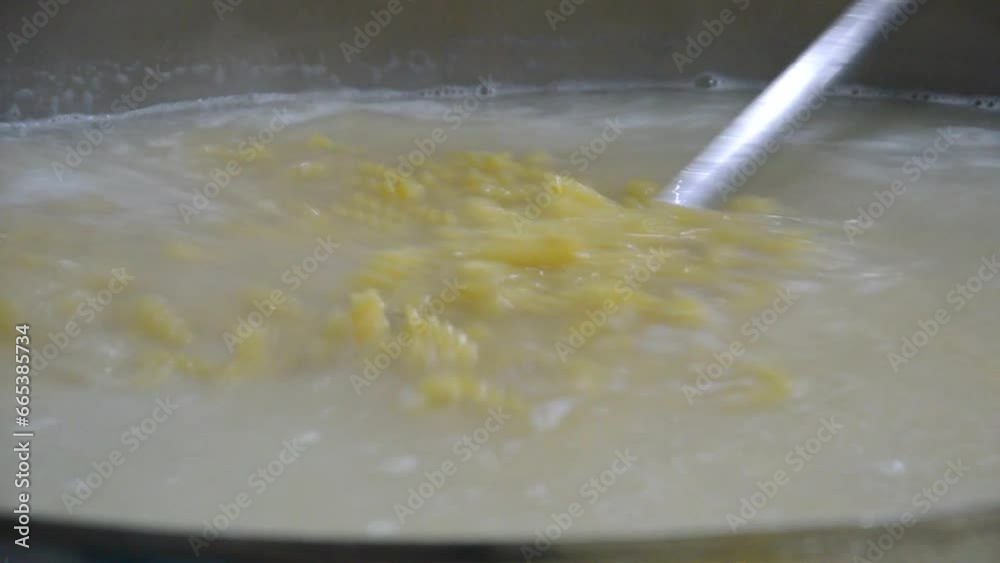 Pasta cooked in hot water in a large pot in the kitchen Pasta cooked in hot water in a large pot in the kitchen