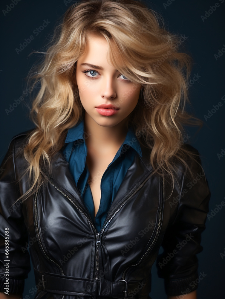 Enchanting Leather-clad Girl with Stunning Blue Eyes on Fashionable Backdrop