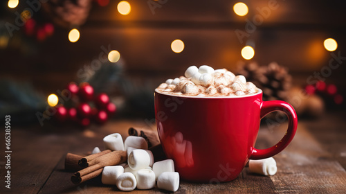 Red cup of hot cocoa with marshmallows on a wooden table with Christmas spices