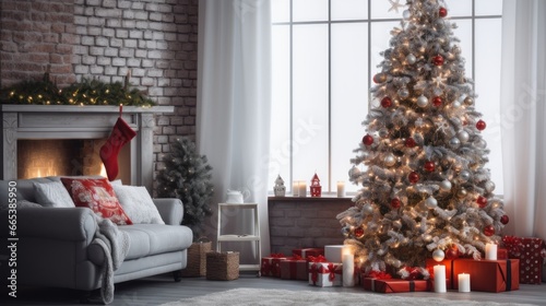 Spacious living room with a large Christmas tree and a bunch of Christmas gifts.