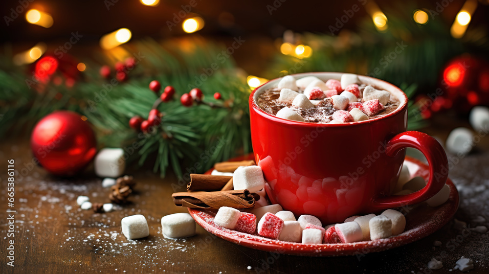Red cup of hot cocoa with marshmallows on a wooden table with Christmas spices Red cup of hot cocoa with marshmallows on a wooden table with Christmas spices