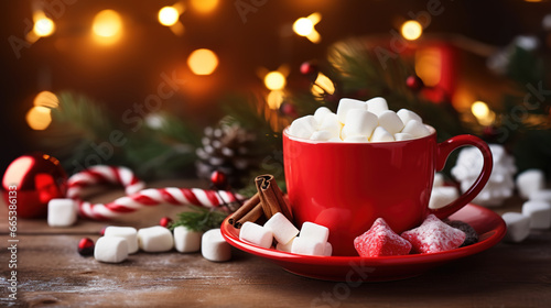 Red cup of hot cocoa with marshmallows on a wooden table with Christmas spices