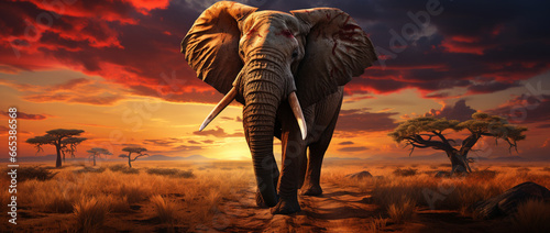 Afrikanischer Elefant in der Savanne bei Sonnenuntergang