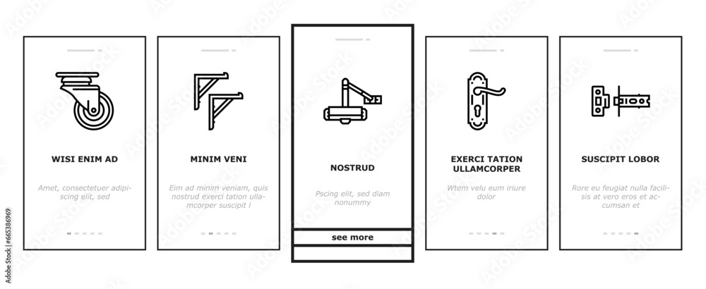 Naklejka premium hardware furniture equipment onboarding mobile vector. metal construction, steel element, silver tool, screw bolt, wood home, house repair hardware furniture equipment Illustrations