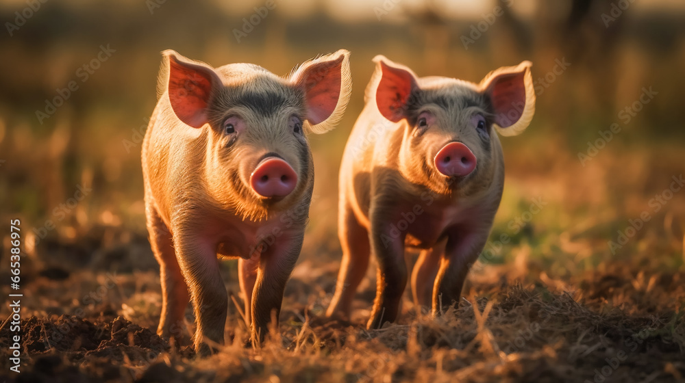 Pigs graze on farm in countryside. Pig is feeding on the green meadow. AI Generated Pigs graze on farm in countryside. Pig is feeding on the green meadow. AI Generated