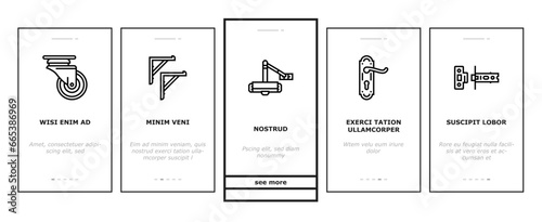 hardware furniture equipment onboarding mobile vector. metal construction, steel element, silver tool, screw bolt, wood home, house repair hardware furniture equipment Illustrations
