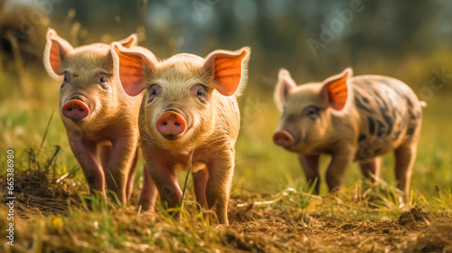Pigs graze on farm in countryside.  Pig is feeding on the green meadow. AI Generated © EwaStudio