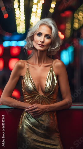 Radiant Mature Lady in a Low-Cut Gold Dress