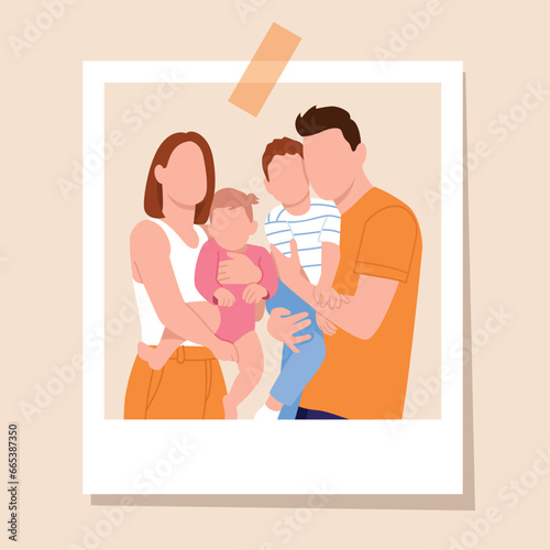 Vector illustration of faceless characters. Polaroid photo of a happy family with two children
