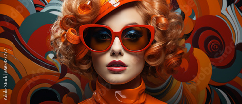 Stilvolles Retro-Modell: Rote Brille und 60er Jahre Vibe vor abstraktem Hintergrund